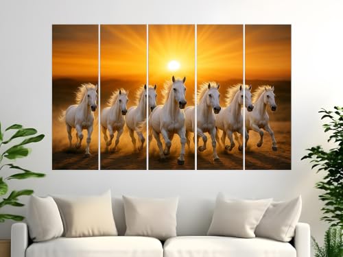 Image of KYARA ARTS Seven Running Horses Wall Art Painting | Vastu Inspired Home Decor | Large Multi Panel Horse Artwork for Living Room, Bedroom, Office & Lobby | Golden Sunrise Design (30inchx 50inch)