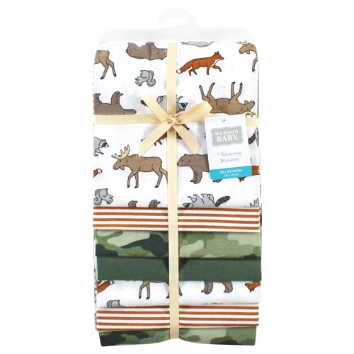 Image of Little Treasure Hudson Baby Cotton Poly Flannel Receiving Blankets Multipack, Green Animal Adventure, 30x30 inches