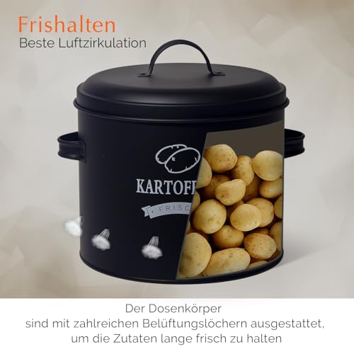 Theo&Cleo Set di Contenitori per Patate, Vaso per Patate in Stile Retrò Vaso da Cipolle, Grande Contenitore per Alimenti in Metallo Smaltato, per la Conservazione in Cucina, Nero - immagine 4