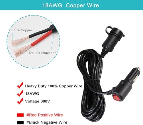 Image of RIGGEAR Car Cigarette Lighter Extension Cable, 3m /10ft Long Lighter Extender Cord with Switch, LED Indicator and Dust Cap for Tyre Inflator /Accessories, Heavy Duty Extension Cable, 15A Fuse