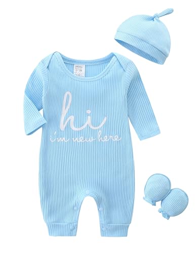 KIDDLETOWN Schlafanzug Baby, Strampler Neugeborene, 3er Pack Schlafstrampler mit Hut und Handschuhe, Baumwolle Baby Schlafanzug Langarm Pyjamas Strampler 0-3 Monate Kleidung für Mädchen und Jungen