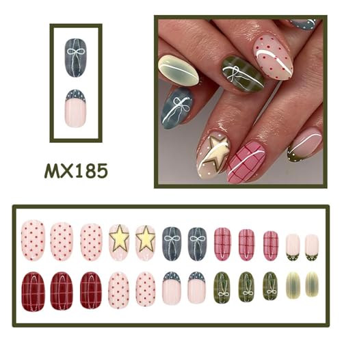 Image of Cottagecore Plaid Bow Press on Nails Medium Oval Fake Nails with Star Polka Dot Design Reusable Glossy Full Cover Stick on Nail for Women Manicure 24Pcs