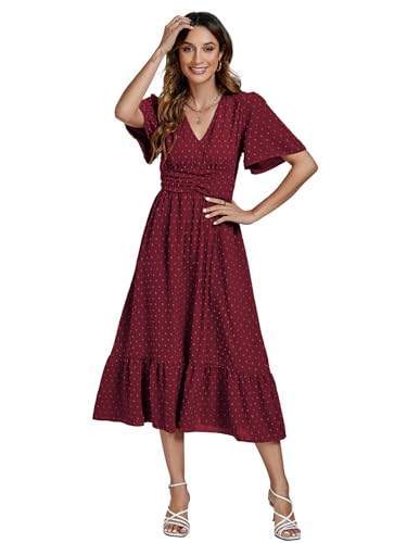 Image of LYANER Women's Boho Maxi Dress Long Sleeve V Neck Swiss Dot High Waited A-Line Ruffle Tiered Chiffon Long Dresses