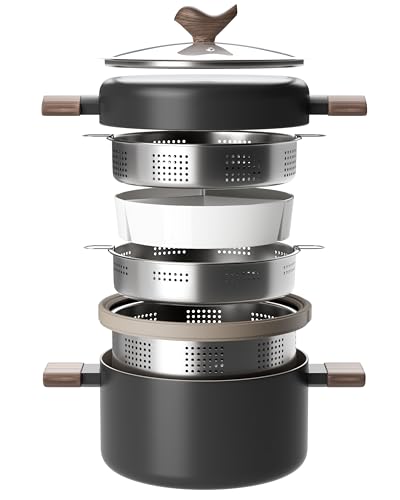 RIOVARM Inducción Juego de ollas y sartenes con tapa Antiadherente Baterías de cocina con revestimiento cerámico Sartén con vaporera de acero inoxidable Cacerola con colador para pasta incorporado
