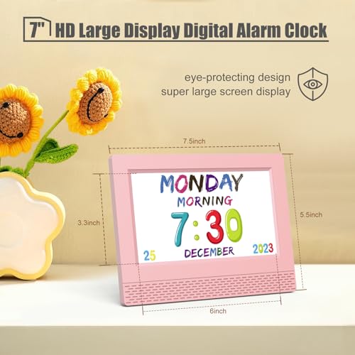 Image of Kids Digital Alarm Clock with Voice Scene Reminders, 7 inch Eye-Caring Display | Watercolor Wallpapers, Auto Dimming DST /Calendar Clock, Sleep Trainer Easy Setup Gift-Ready Box for Kids Birthday with Remote