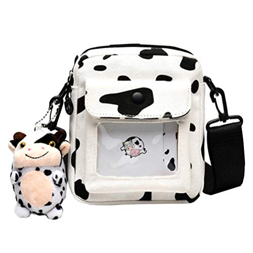 PretyzOOM Bolsa transversal infantil estampa de vaca com chaveiro de vaca fofo, bolsa de ombro trans