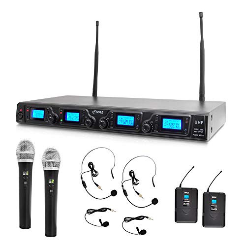 Pyle Upgraded Wireless Microphone System-4-Channel UHF, Adjustable Frequency, Includes (2) Handheld Beltpack Transmitters, (2) Lavalier (2) Headset Mics (PDWM4350U.5)