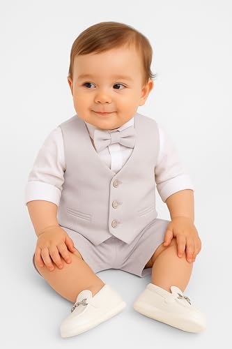 Image of Baby Boys Vest Suit Cotton Linen 4 Piece Formal Wedding Birthday Set
