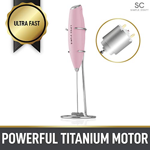 Simple Craft Milk Frother Handheld Drink Mixer - Mini Coffee Frother Electric Handheld Foamer With Stainless Steel Whisk & Stand - Portable Frother Electric Whisk For Coffee, Latte, Matcha (Pink)