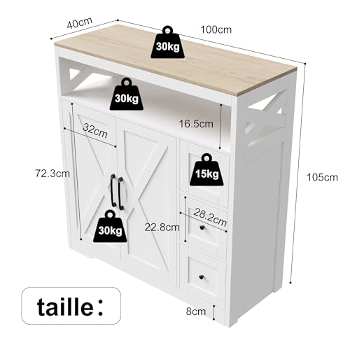 Armario de cocina blanco, aparador buffet con 2 puertas y 3 cajones, estante ajustable y estante abierto, moderno armario de buffet, armario auxiliar para cocina, comedor, sala de estar, pasillo - imagen 2