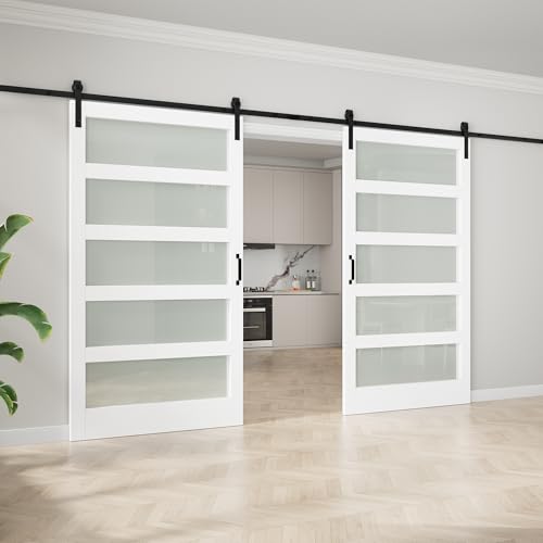 Image of 96 inchx84 inch Frosted Glass Barn Door with 16FT Sliding Hardware & Handle, White