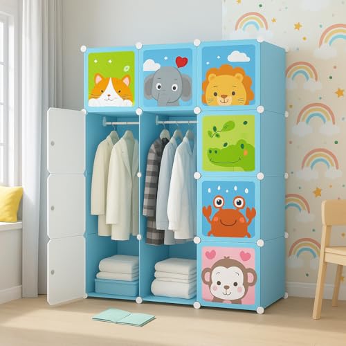 Image of LUHI Plastic Wardrobe for Kids Clothes - Durable, Easy to Use Anti-Skid & Non-Slip Effective Professional Collapsible Wardrobe, Plastic Cupboard for Kids, Foldable Almirah (D3 Blue, 12 Door)