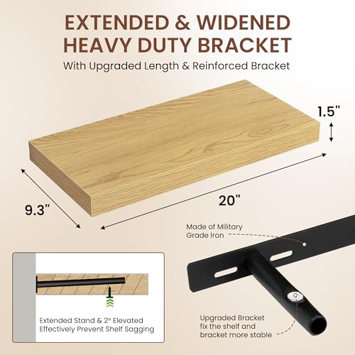 Image of Dreamland 20 Inches Floating Shelves for Wall, 9.3 inch Deep Long Floating Shelves Set of 2, Large Display & Storage Shelf, Wall Shelf for Bathroom Bedroom Living Room Kitchen Office, Oak