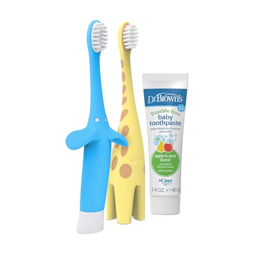 Image of Dr. Brown's Infant to Toddler Giraffe and Blue Elephant Toothbrushes with Baby Toothpaste, Strawberry 1.4oz
