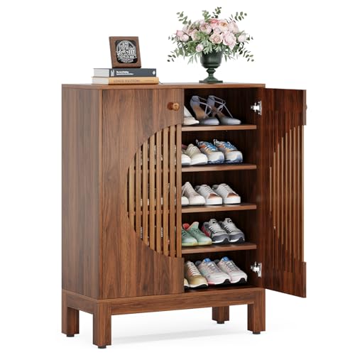 Tribesigns Meuble à chaussures à 5 niveaux avec portes rondes à persiennes, 20 paires d'armoires de rangement à chaussures de ferme avec étagères...