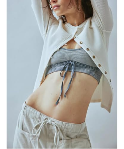 Image of Women's Slim Fitted Cardigan Ribbed Knit Long Sleeve Button Down Shirt Crewneck Y2K Blouse Tops,White,S