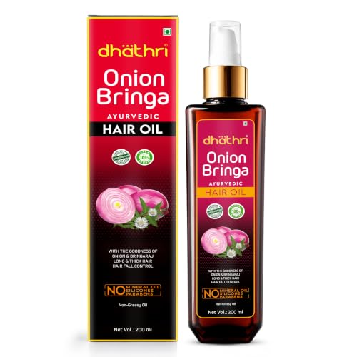Image of Dhathri Onion Bringa Oil with Indian Aloe, Curry Leaf & Ashwagandha | Onion Hair Growth Oil for Thick & Healthy Hair | No Mineral Oils, SLS & Silicones | Ayurvedic Hair Oil | All Hair Types, 200ml