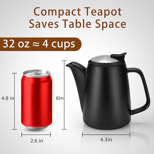Image of Ceramic Teapot with Infuser, 32 oz Loose Leaf Tea Pot Ceramic with Removable Stainless Steel Infuser, Mess-Free Loose Tea Diffusers, Ideal for Tea Steeper (Black)
