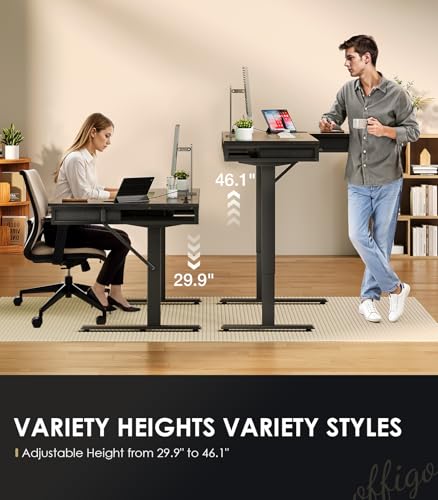 Image of OffiGo 55 Inch L Shaped Electric Standing Desk with 4 Drawers, Black | Reversible Corner Table, Office Desk With 4 Drawers and Outlets For Home Office, Computer Workstation And Sit Stand Use