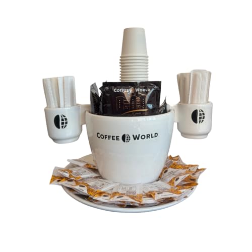 Coffee World, Tazzone artigianale con piatto in porcellana porta cialde, capsule, palette, zucchero, bicchierini da caffè, tazzone porta accessori da caffè, bicchierini, palettine e zucchero