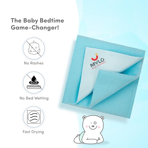 Image of Mylo Baby Waterproof Mattress Protector for Baby (0-3 Years), Extra Absorbent, Soft and Reusable Quick Dry Sheets (Medium, 100cm x 70cm, Turquoise)