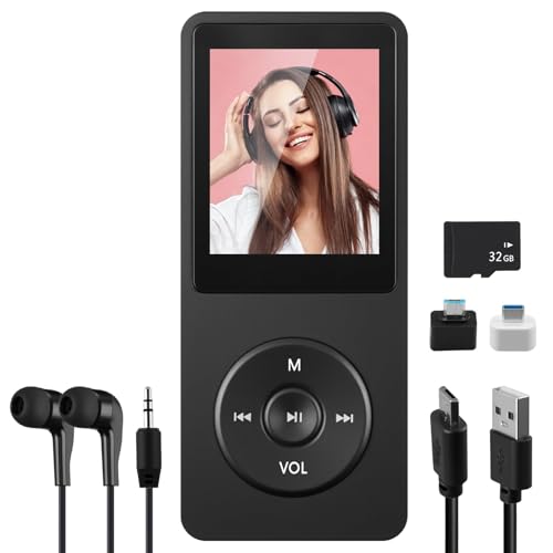 Reproductor MP3 32GB Bluetooth 5.1 con Altavoces HD, 1.8' Pantalla con Auriculares, MP3 Player Vídeo Sonido sin Pérdidas para Niños y Adultos, Soporte hasta 128GB, Negro