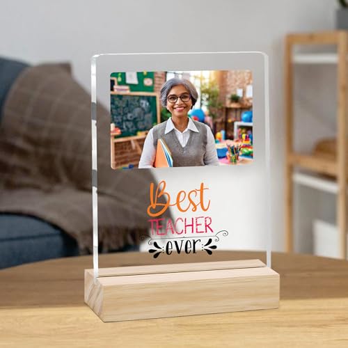 Image of Giftplease Best Teacher Plaque | Personalized Photo Frame with Wooden Stand | Appreciation Gift for Teachers | Teacher's Day Retirement Farewell Gift (Custom Photo & Text CTH 09