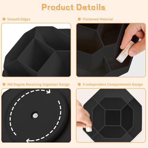 Image of Rotating Desk Organizer Pen Pencil Holder with 9 Slot 360 Desktop Organizer for Office Supplies Stationery Staplers Clips Sticky Notes Remote Mobile Holder Visiting Card (Black)