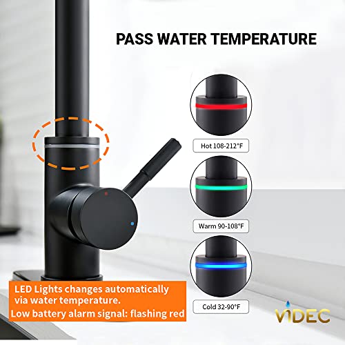 Smart Touch On Kitchen Faucet, 3 Modes Pull Down Sprayer, Touch On Sensor Activated, LED Temperature Control, 360-Degree Rotation, 1 or 3 Hole Deck Plate. 10-Year Warranty. (KW-66R, Matt Black)