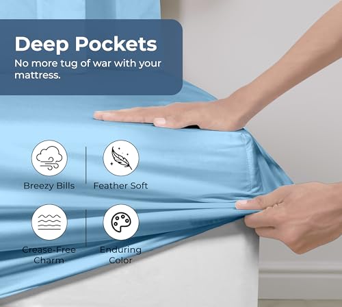Image of Royale Linens 100% Organic Cotton Fitted Sheet - Percale Weave - Super Soft Deep Pocket Bottom Sheets - Lake Blue Elastic Sheet Twin Size - Twin Fitted Sheets Only - (39 inchx75 inch+15 inch, Lake Blue)