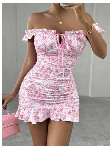 Image of Floerns Women's Floral Print Off Shoulder Milkmaid Dress Ruched Ruffle Hem Bodycon Mini Dress