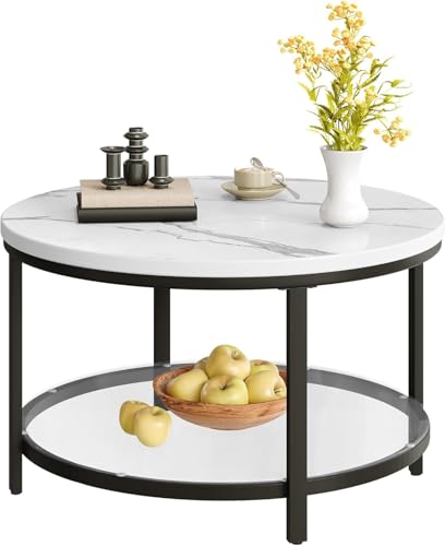 DWVO Round Coffee Tables for Living Room, 2 Tiers Marble Coffee Table Black Circle Coffee Table with Glass Storage Shelf, Modern Center Cocktail Table, Marble and Black