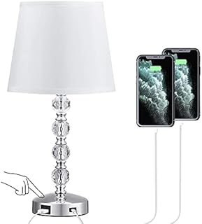 Crystal Lamp with USB Port - Touch Control Table Lamp for Bedroom 3 Way Dimmable Nightstand Bedside Lamp with White Fabric Shade, 17” Small Lamps for Living Room, Dorm, Home,Office(LED Bulb Included)