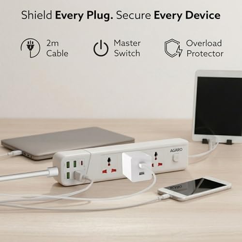 Image of AGARO Regal Extension Board, Power Strip, 3 Universal Sockets, 4 USB + 2 Type-C Fast Charge, 2500W, 6ft Heavy-Duty Cord, Overload & Surge Protection, Master Switch, Multi-Device Charge for Home /Office