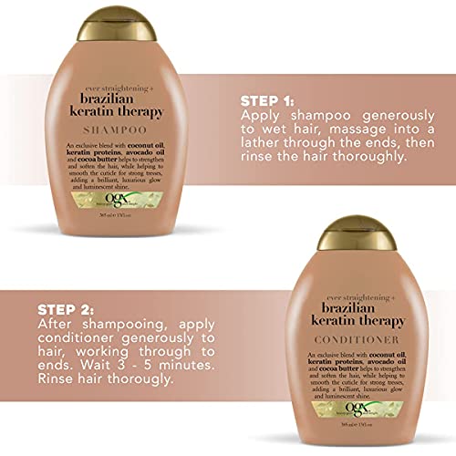 Image of OGX Ever Straightening Brazilian Keratin Smooth Shampoo Combo | Coconut Oil, Keratin Proteins, Avocado Oil & Cocoa Butter, For Dry, Curly, Frizzy & Fine Hair 770 ml