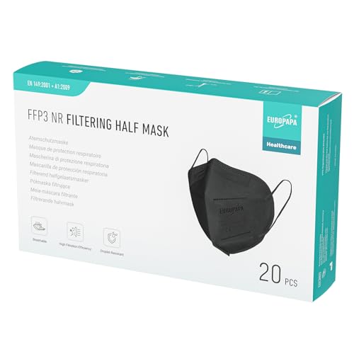 EUROPAPA 20x FFP3 Schwarz Masken Atemschutzmaske 5-Lagen Staubschutzmasken hygienisch einzelverpackt Stelle zertifiziert EN149:2001+A1:2009 Mundschutzmaske EU2016/425