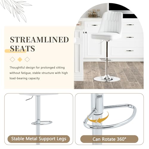 Image of Swivel Bar Stools Set of 2 - White Barstools with Back,Adjustable Counter Height Bar Stools with Sturdy Metal Legs,Leather Counter Height Stools Ideal for Kitchen Island Pub(25''-33''H)