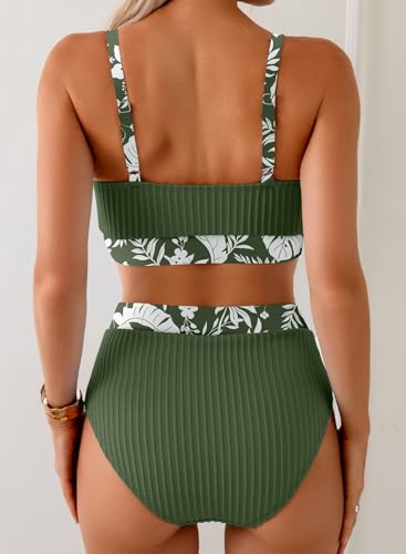 Image of Herseas Women's Textured Bikini Sets Floral Print Trim Scoop Neck Swimsuits High Waisted Bathing Suits