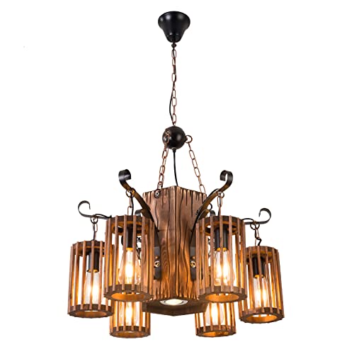 Suspension vintage cylindre en bois luminaire 6 douilles avec chaîne réglable salle à manger