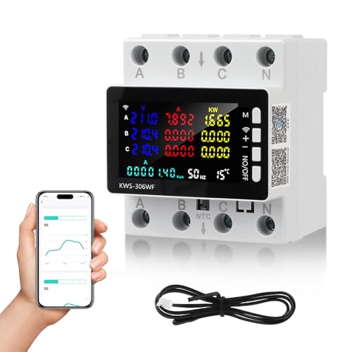 Ruaizel 3 Phase WiFi Smart Meter, 80A Smart Meter Energy Monitor, Power Usage Monitor with Protection Against Power Failure/Overtemperature/Under Voltage/Overcurrent