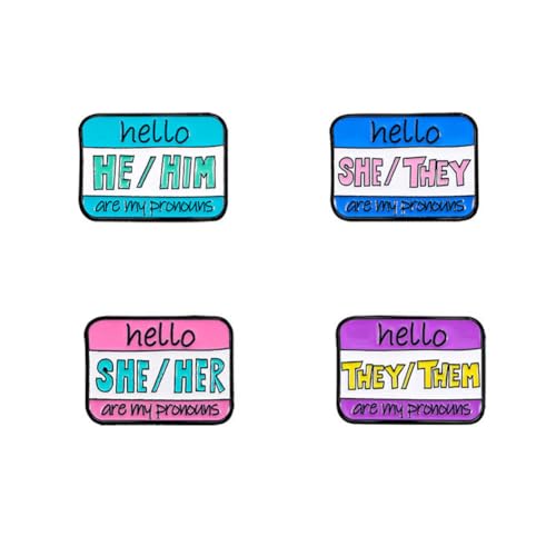 Hello She Her Him He They Them Are My Pronounce Pin Badge Button LGBTQ 4PCs Pink Blue Purple Enamel Pin English Letters Brooch Badge Women Men Jewelry Gift Bag Coat Accessories Decor