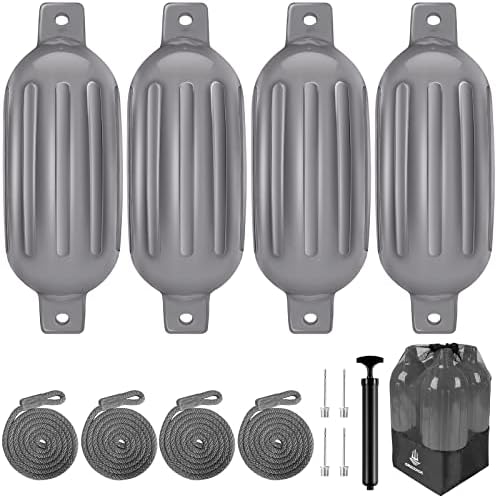 Dreizack Boat Fenders 4 Pack 8.5"x26", Boat Bumpers for Docking with 4 Ropes, Inflatable Ribbed Marine Pontoon Boat Fender Bumper for Docks with 1 Storage Bag, 1 Air Pump and 4 Needles, Grey