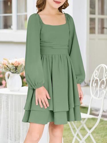 Girls Fall Dress Long Sleeve Dresses Smocked Ruched Square Neck Tiered Flowy Casual Formal Tween Dress 5-14 Years2