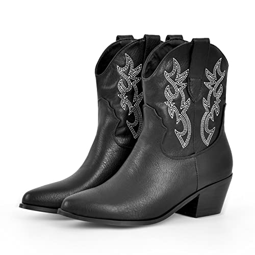richealnini Women's Cowboy Boots Pull On Stacked Heeled Booties2