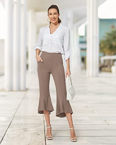 Image of G4Free Capri Pants for Women Stretch Yoga Dress Pants with Pockets Ruffle Bell Bottom Athletic Work Leggings