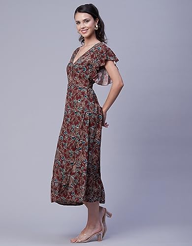 Image of Moomaya Women's Printed Dress, V-Neck, Short Sleeves, Ruffled Midi Summer Dress