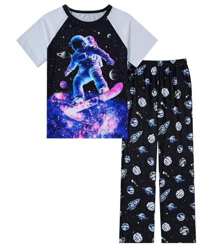 Funnycokid Boys Pajamas Set 2 Piece Short Sleeve Shirt Top Pants with Pockets Size 6-12