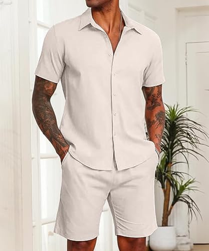 SHEKINI Men's Cotton 2 Piece Pajama Set Short Sleeve Button Down Shirt & Lightweight Shorts for Summer Beach Casual Outfits4