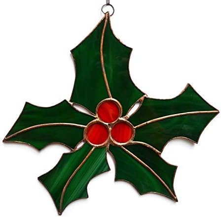 Christmas Holly Leaves and Berries Stained Glass Suncatcher Window Hanging or Wall Decor
