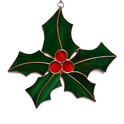 ZangerGlass Christmas Holly Leaves and Berries Stained Glass Suncatcher Window Hanging or Wall Decor